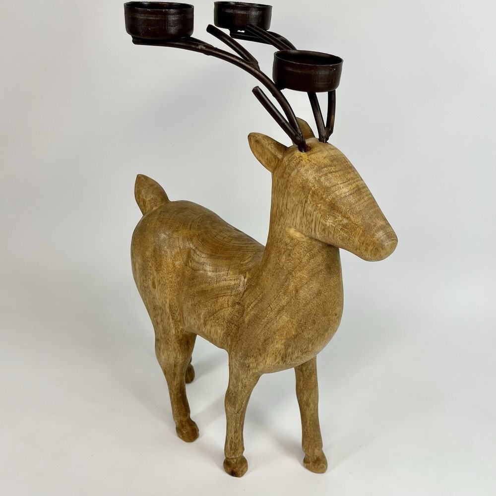 Rustic Carved Wood Reindeer Metal Antlers 3 Tealight Candle Holder Holiday